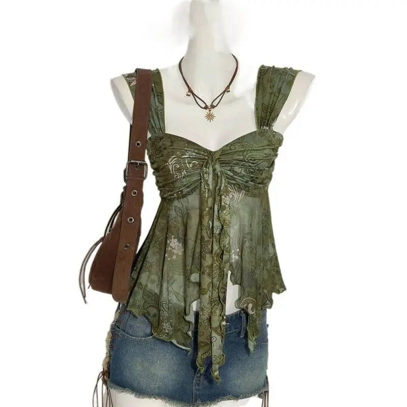 Y2K style floral mesh camisole, featuring soft ruffles and an asymmetrical heart-shaped hem, with a transparent texture that exudes ethereal charm, blending Bohemian style to fully showcase youthful fashion appeal