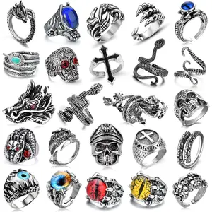16-24 Pcs Vintage Punk Rings Set Gothic Biker Adjustable Rings Skeleton Skull Ring Feather Snake Drgon Lion Wolf Tiger Head RingGift.