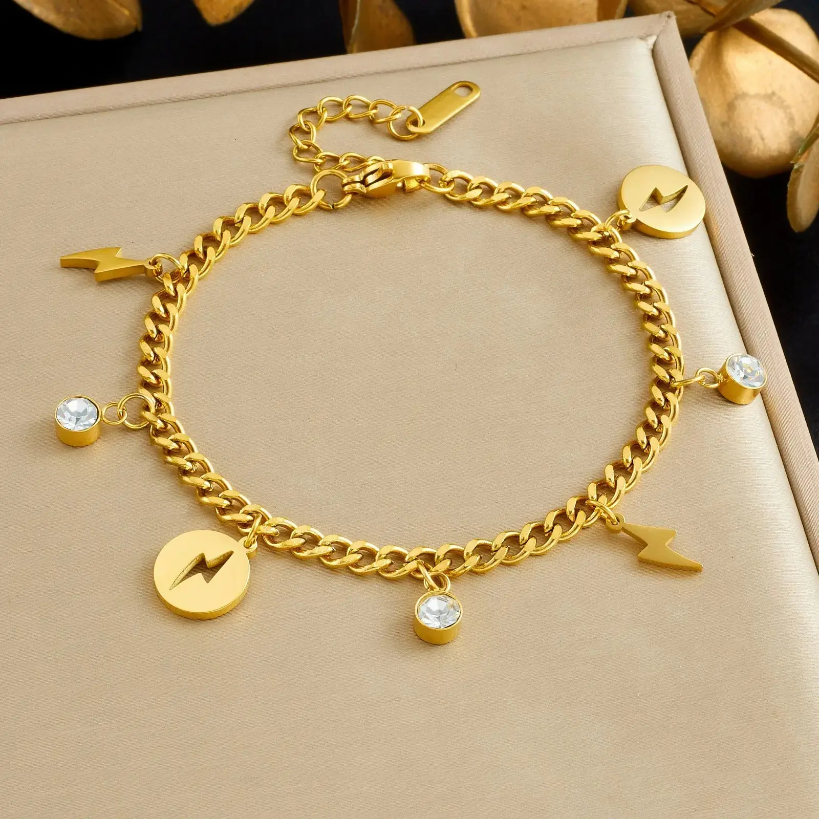Dainty Lightning Bolt Bracelet for Women, Gold Plated Minimalist Jewelry with Sparkly CZ Accent, Waterproof Tarnish Proof Stainless Steel, Non Tarnish Jewelry, Tarnish Proof Jewelry