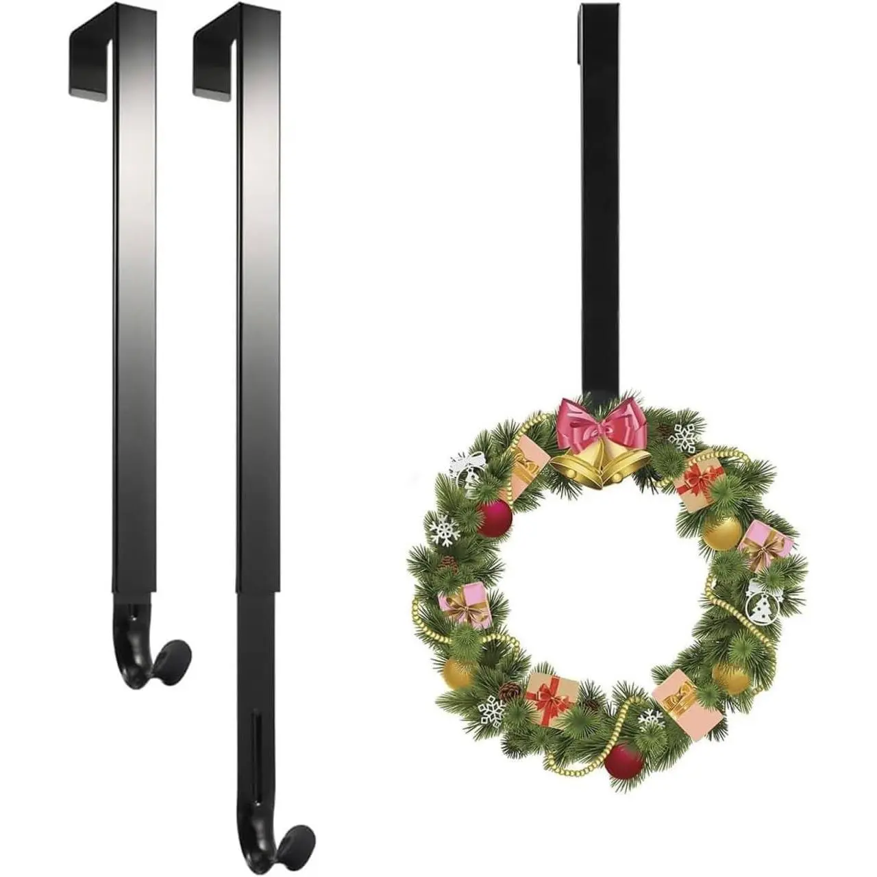 2 Pack Wreath Hanger Adjustable Length from 14 to 26 Inches Wreaths Holder Hook 20LB Heavy Duty for Front Door for Christmas Easter Halloween Decorations Wreath (Black 2 count)