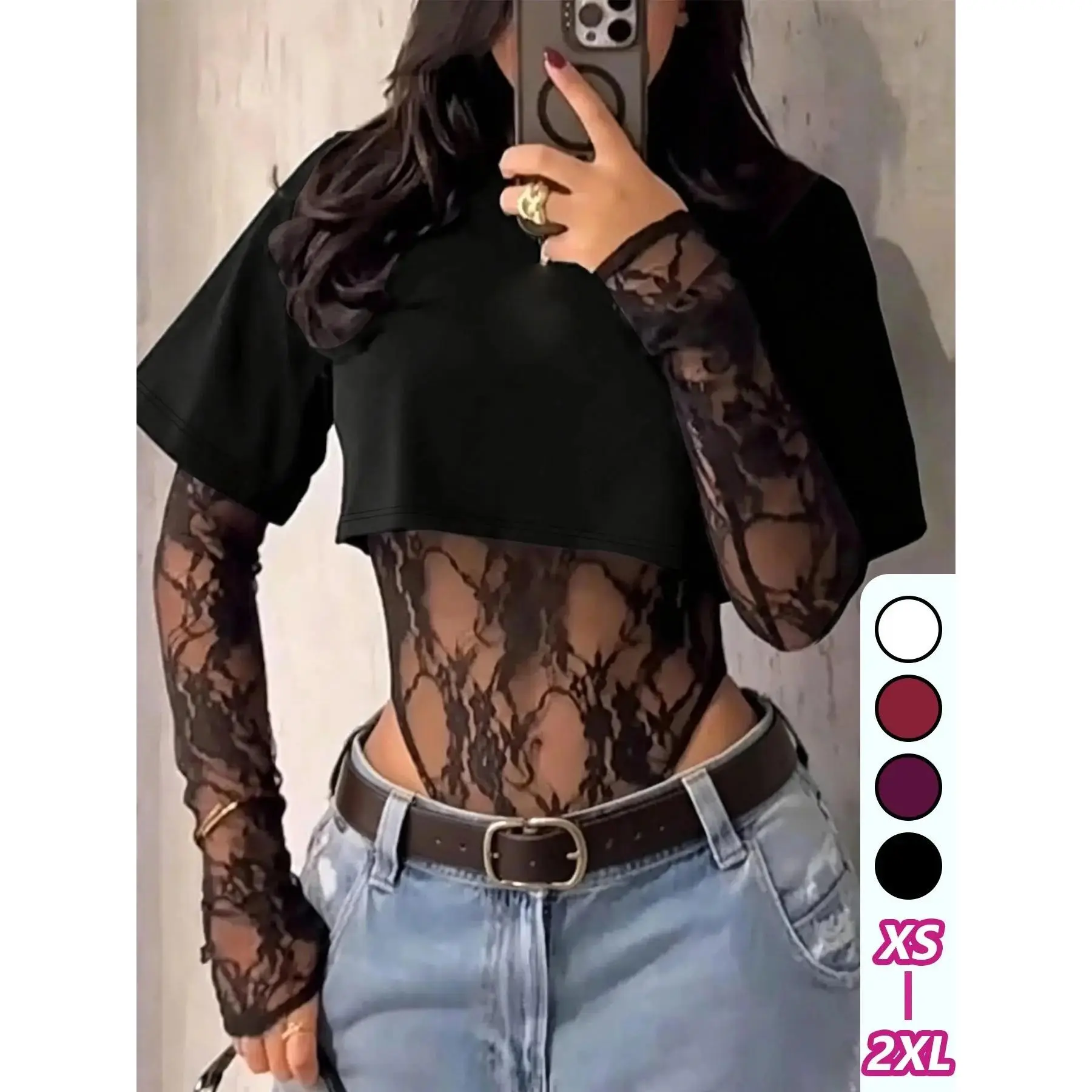 Lace Patchwork Long Sleeve Bodysuit, Slim Fit T-Shirt Style, Y2K Layering Top for Daily Wear, Women's Bodysuit
