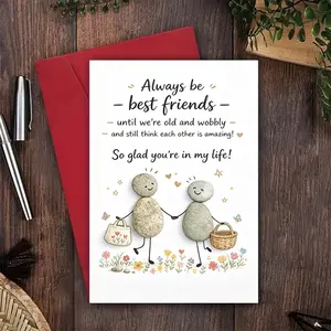 2Pcs (1cards + 1red envelopes) Best friend forever greeting card warm cartoon stone man long friendship thank you for having your friend birthday gift suitable for all holidays