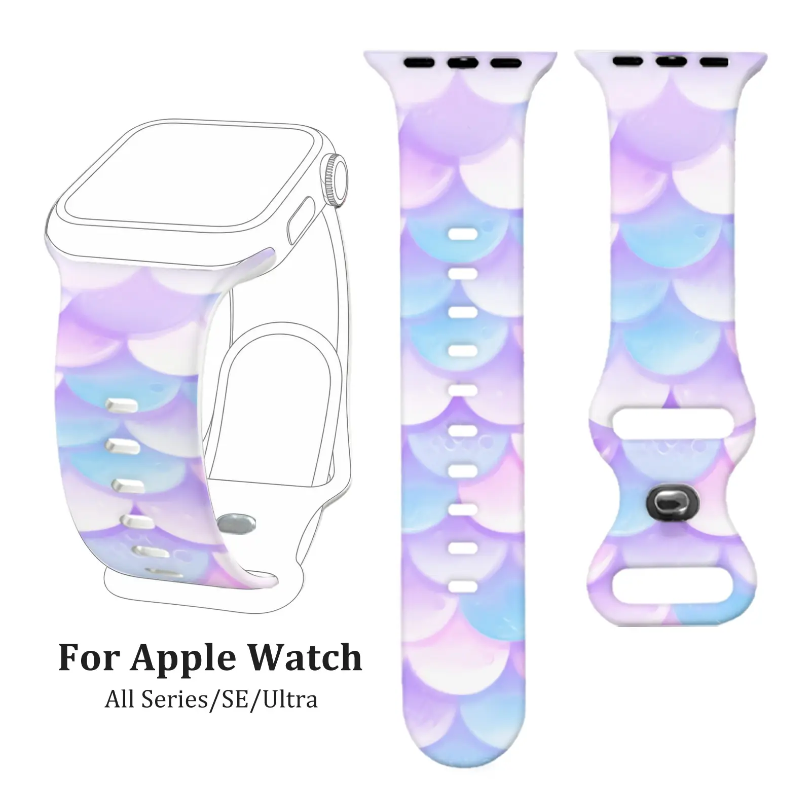 Pastel Mermaid Scale Print Silicone Strap, Smartwatch Replacement Straps, Waterproof Sweatproof Soft Fit, For Apple Watch Series 4/5/6/7/8/9/10 SE1/2 Ultra1/2/3, Women Girls Teens, Beach Vacation Pool Travel, Easter Gift