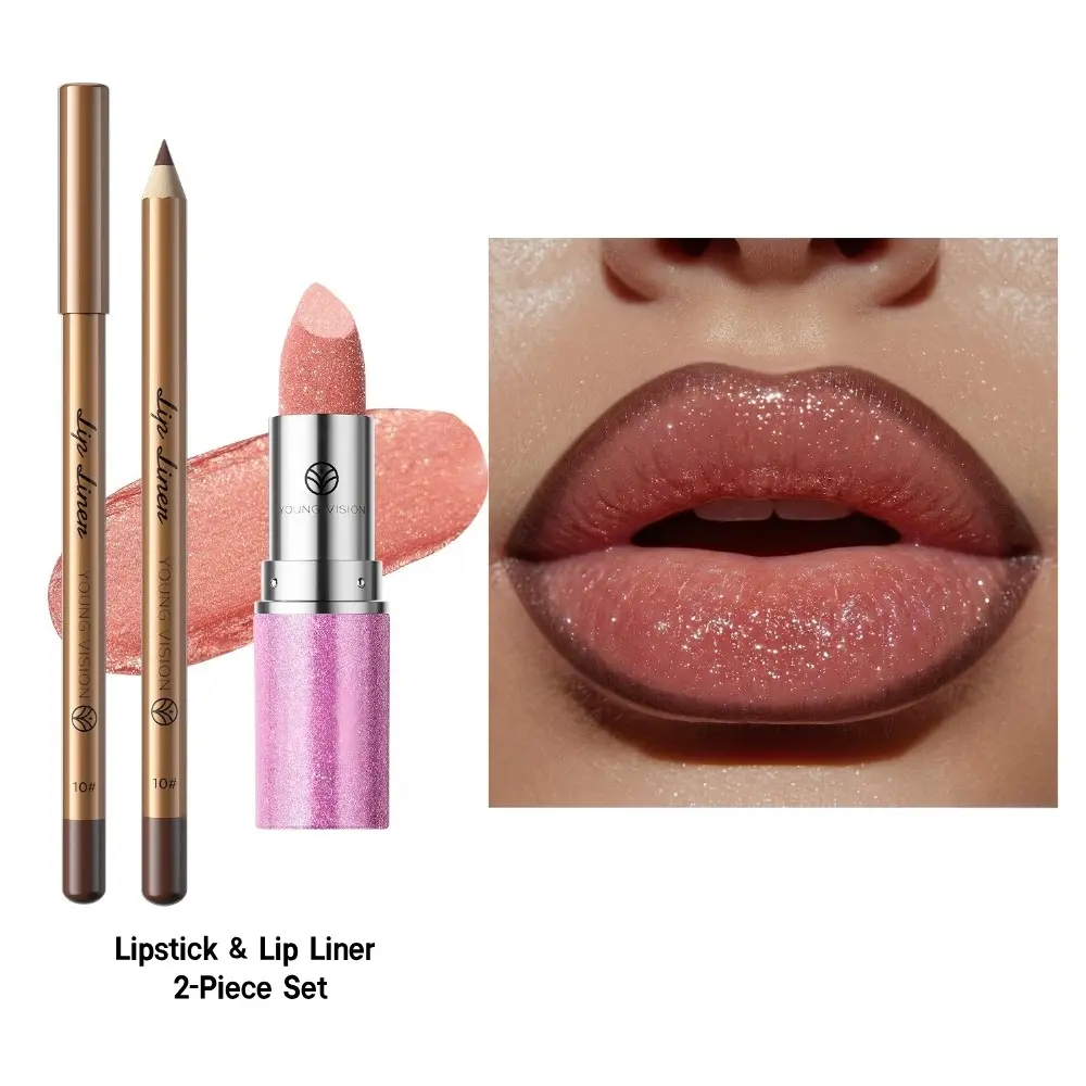 YOUNG VISION Glossy Shimmer Lipstick + Smooth Long-Lasting Lip Liner Set, Perfect for Defined Lips, Bold Color, Luxurious Finish