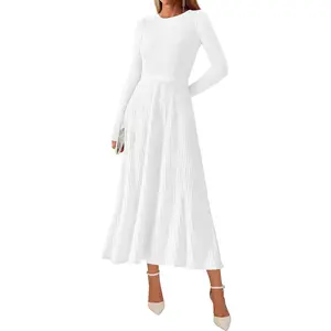 Women Sweater Dress Holiday Ribbed Knit Long Sleeve Slimming Maxi Dress Fall Pleated Elegant A Line Winter Dresses