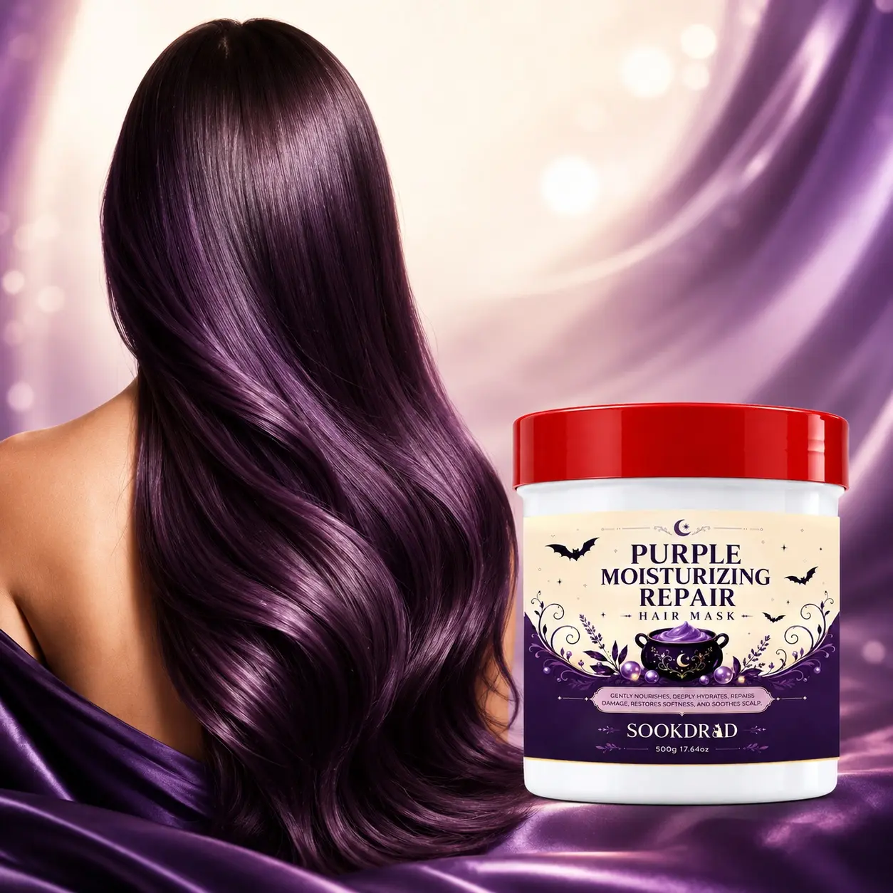Purple Moisturizing Repair Hair Mask, gently nourishes, deeply hydrates, repairs damage, restores softness, soothes scalp, 500g/17.64oz