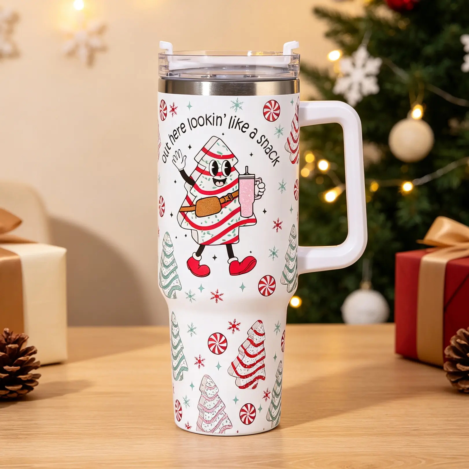 Christmas Tree Cake Thermal Mug, Funny Christmas Cartoon Printed Coffee Cup, Stainless Steel Travel Mug with Handle, Reusable Car Cup, Holiday Party Drinking Cup, Double-layer Vacuum Leak-proof Design, Perfect Christmas Gift for Family and Friends (40oz)