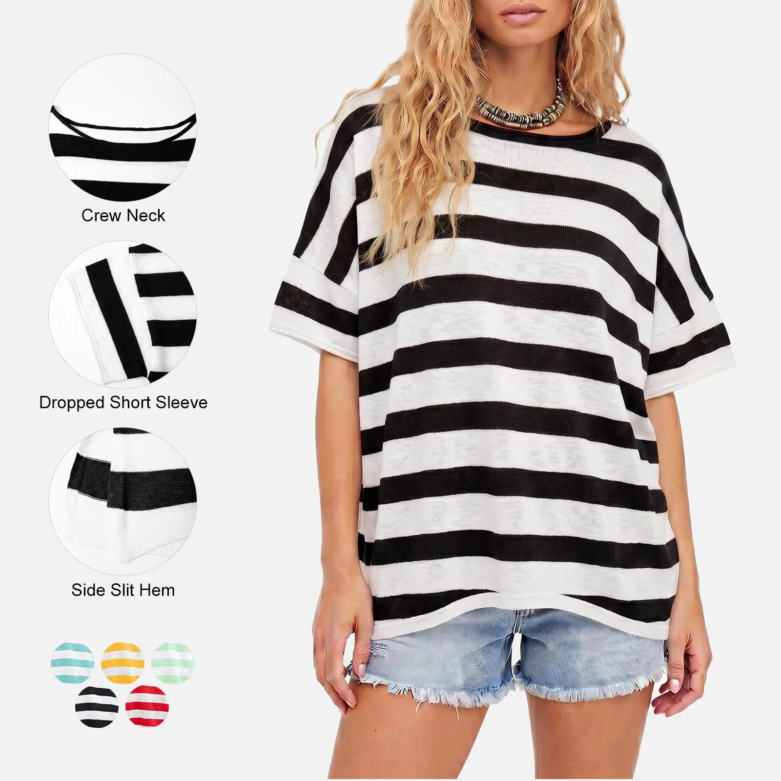 Imily Bela Women's Oversized Striped T Shirt Casual Loose Fit Crew Neck Short Sleeve Knit Tee Side Slit Tunic Tops Sweaters
