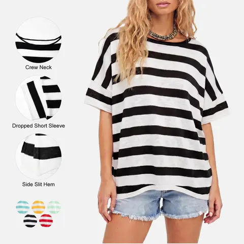 Imily Bela Women's Oversized Striped T Shirt Casual Loose Fit Crew Neck Short Sleeve Knit Tee Side Slit Tunic Tops Sweaters