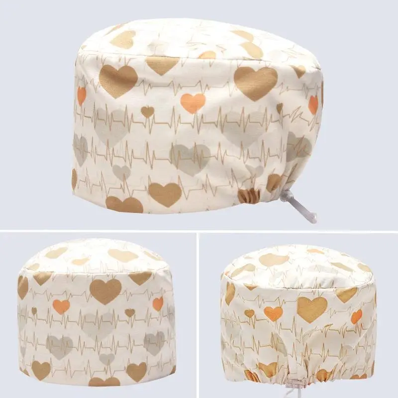 Heart Pattern Hospital Caps Unisex Breathable Operating Room Cotton Cap Clinical Healthcare Hats with Buttons K987