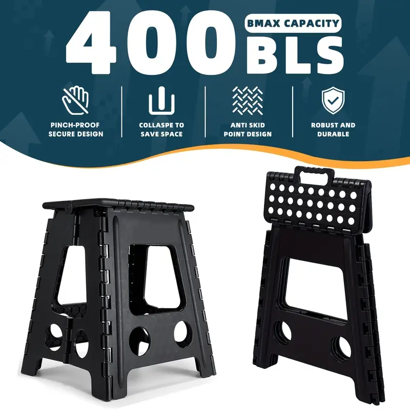 7.5-18 Inch Folding Step Stool in Black, Heavy Duty Foldable Collapsible Plastic Stool with Non-Slip Surface for Kitchen Bathroom Bedroom, for Adults