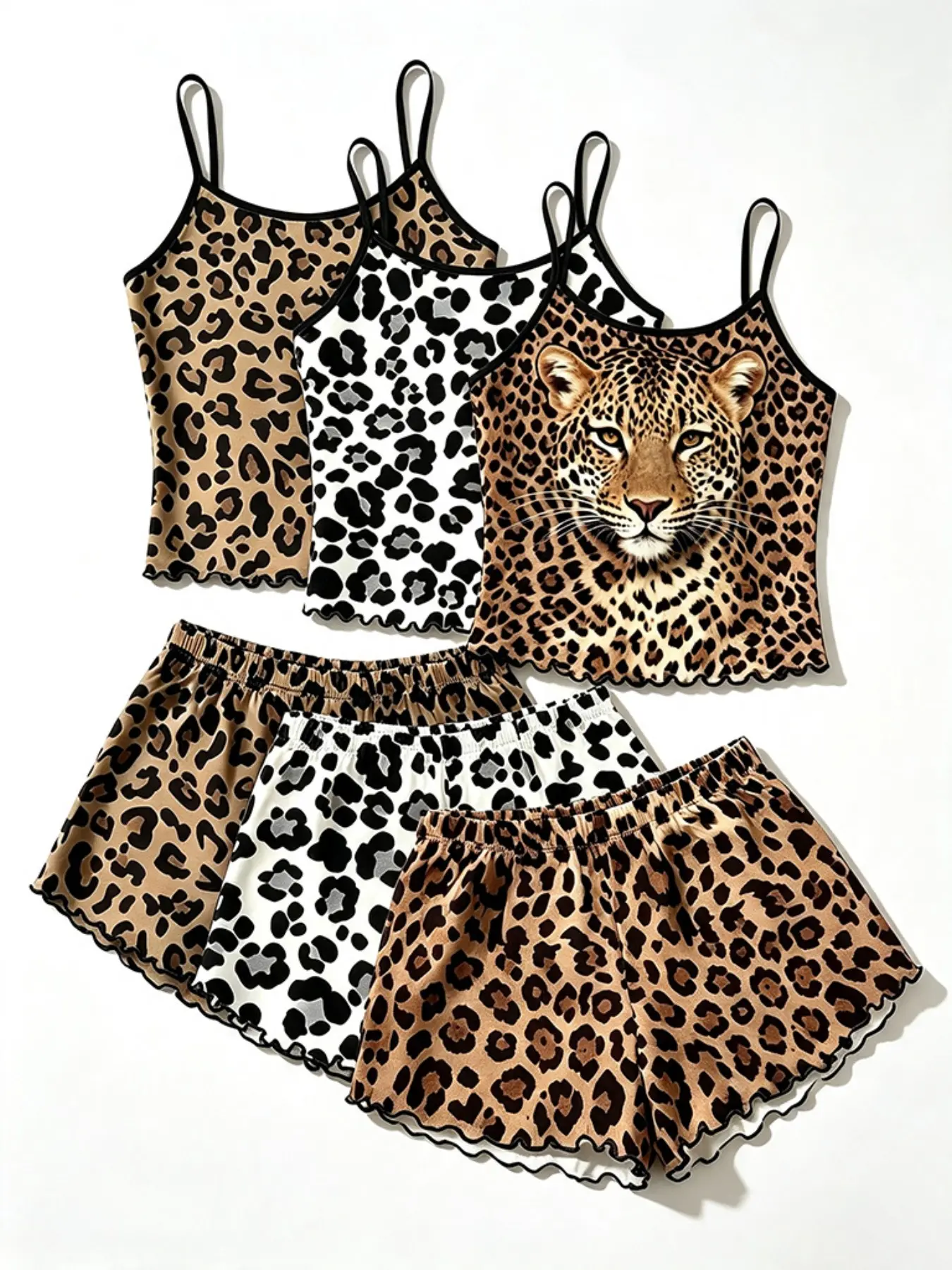 Women's 6-Piece Camisole Sleepwear Set, Boho Style, Sleeveless, Contrast Binding, Soft Polyester, Summer Pajama Set, Above the Knee