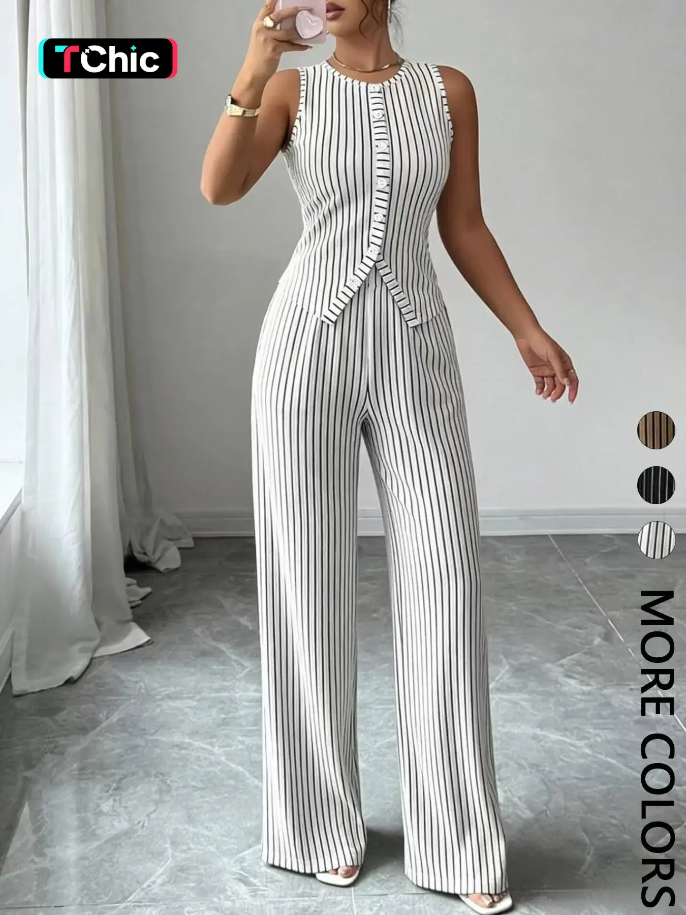 Elegant Commute Style Summer Outfits Set, Striped Sleeveless Round Neck Buttoned Slim Neck Top Vest + High Waist Loose Straight Leg Pants, 2 Piece Casual Matching Set Womenswear Suits