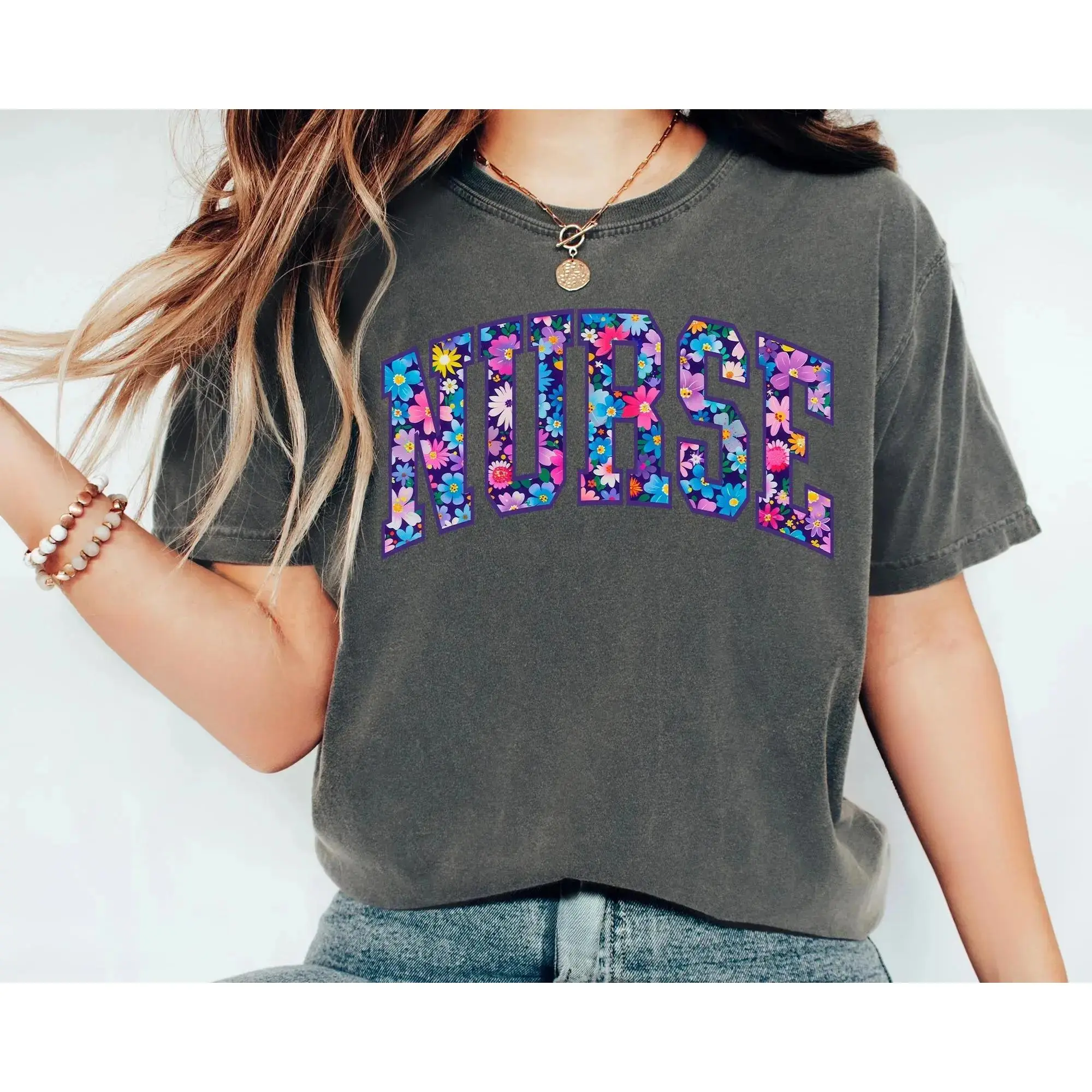 Comfort Colors Floral Nurse Shirt, Nurse T-Shirt, RN Shirt, Nursing School Shirt, Nurse Graduation Gift, New Nurse Appreciation graphic style casual tee distressed