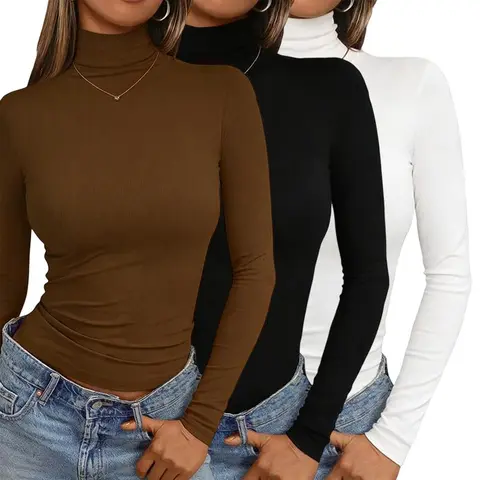 Women's Essential Basic 3-Pack Turtleneck Rayon Crop Tops - White+Black+Green, Long Sleeve, Slim Fit, Ruched, Ultra-Soft, Breathable, Lightweight, Matching Thermal Base Layer Casual Tops