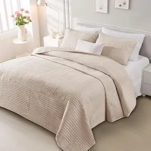 Soft Queen Bedding Set, Lightweight Microfiber Brich Beige Bedspreads Full Size, 3 Piece Ultrasonic Geometric Coverlet Bed Cover for All