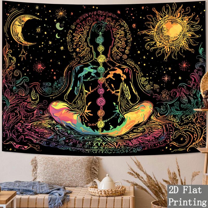 A Single Piece of Colorful 2D Flat Fabric Featuring a Spiritual Chakra And Cosmic Design, Showcasing The Chakra System. This Vibrant Wall Hanging Is Perfect for Your Living Room, Bedroom