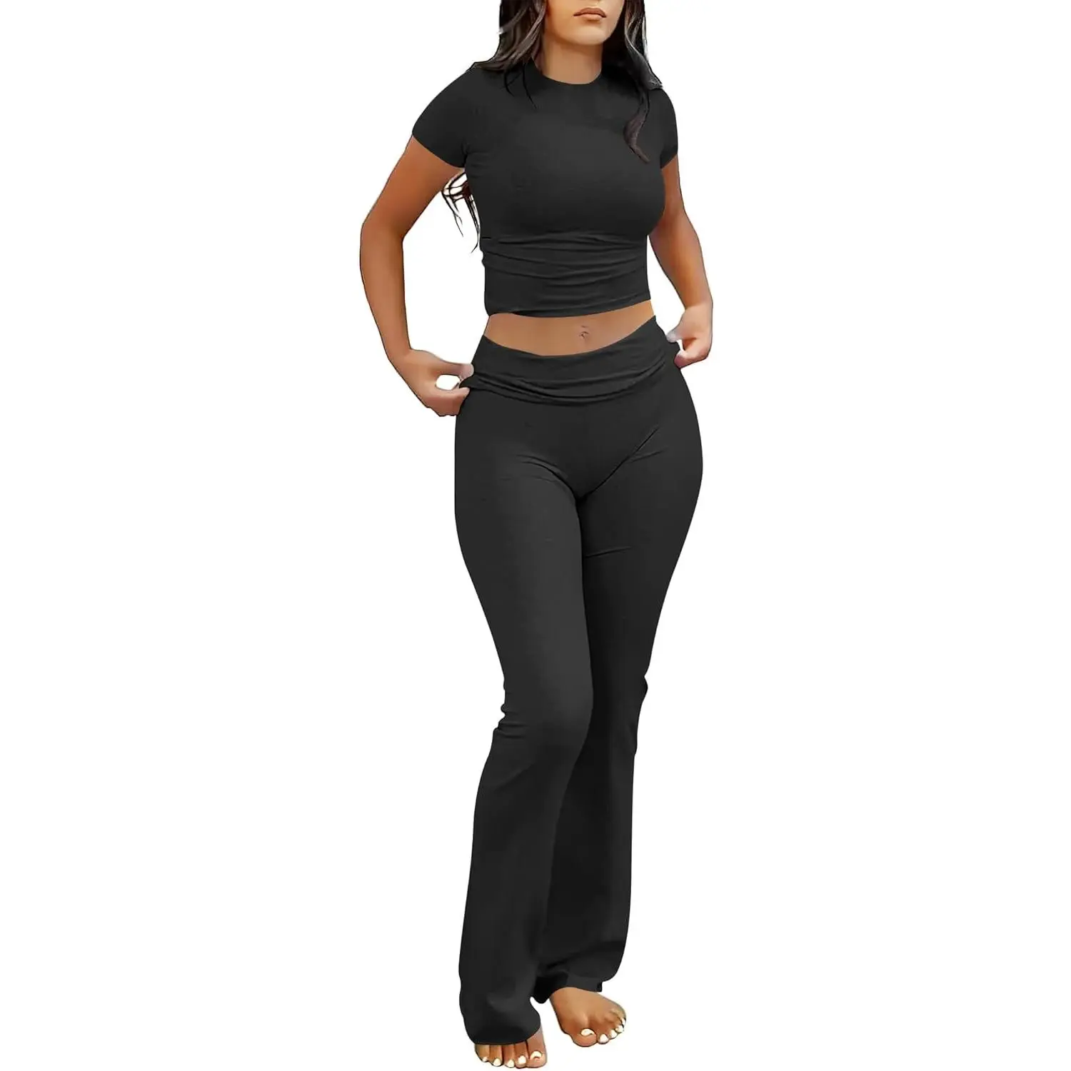 Casual Workout Women's Two Piece Set Round Neck T-shirt Low Waist Flare Pants Tracksuit Outfit (black)