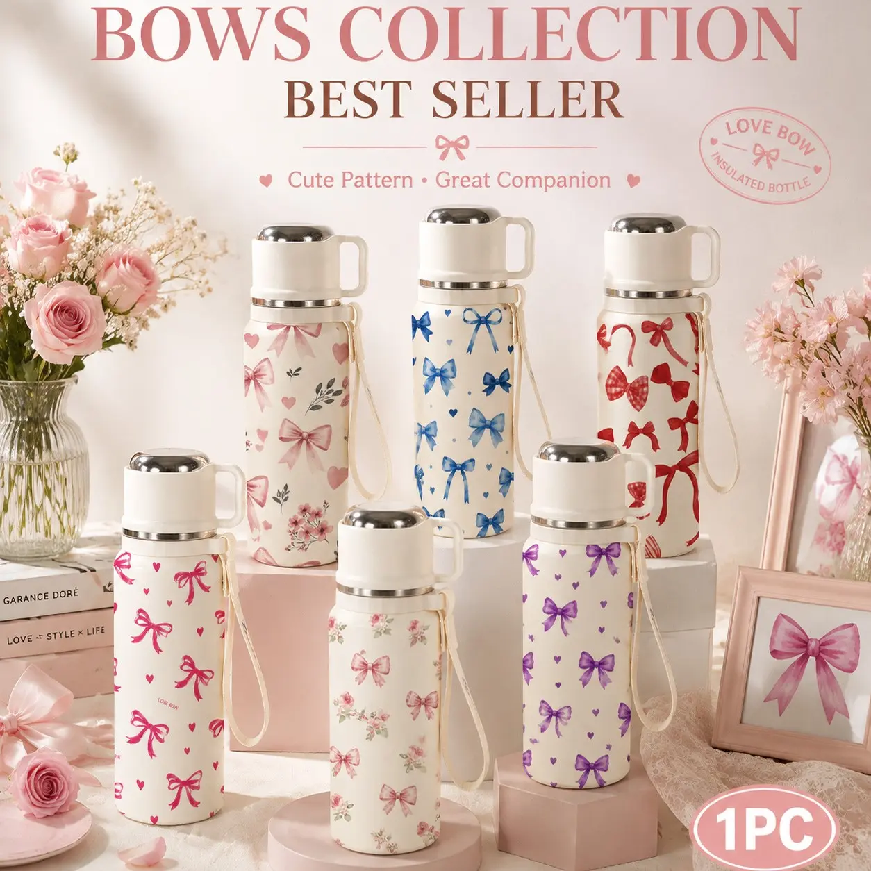 1 PC 20oz Bow Print Insulated Water Bottle, Cute Floral Ribbon Pattern Stainless Steel Tumbler, Double Wall Vacuum Thermos Cup, Leakproof Travel Coffee Mug with Carry Strap, Reusable Drink Bottle for School Office Gym Outdoor Mother's Day Gift