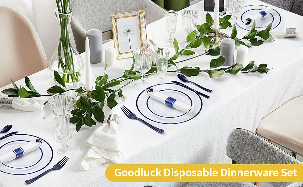 Goodluck 175PCS Dark Blue BPA-Free Food-Grade Disposable Tableware Set for 25 Guests, Including Dinner & Dessert Plates, Napkins, Cutlery, Cups for Parties, Christmas