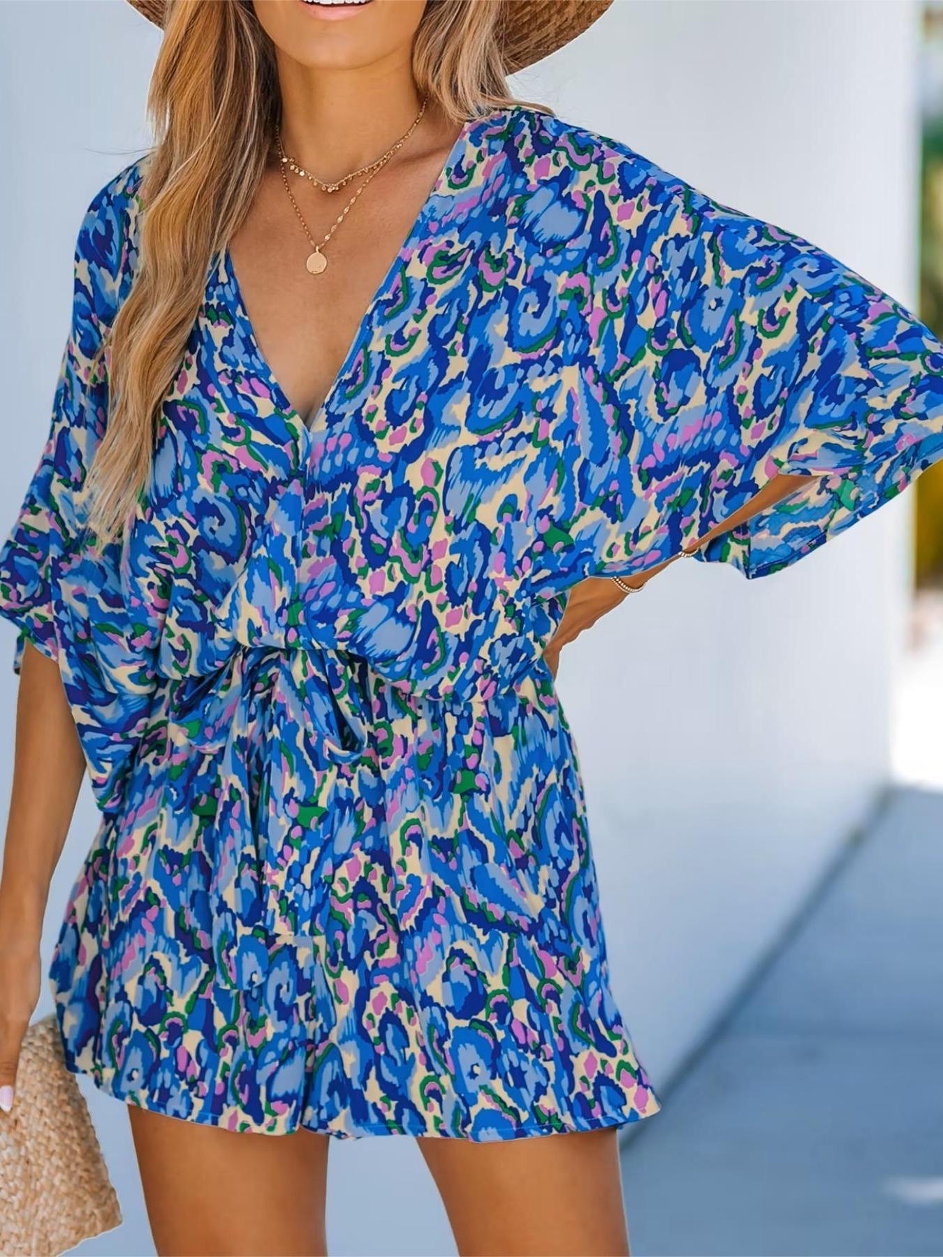 Women's All Over Print Belted V Neck Wide Leg Romper, Boho Casual Fashion Batwing Sleeve Half Sleeve High Waist Romper for Summer, Fashion Women's Clothing for Beach Holiday Vacation