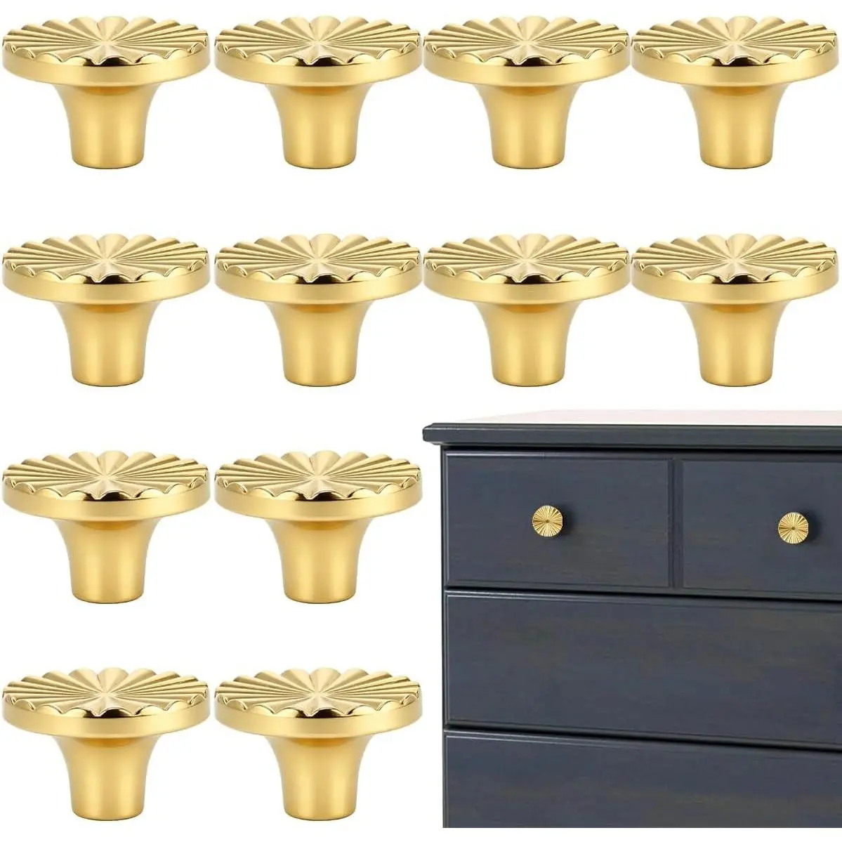 12 PCS Golden Round Cabinet Knobs Kitchen Pulls Handles for Bedroom Bathroom Vanity Cabinets Furniture Decoration Accessories