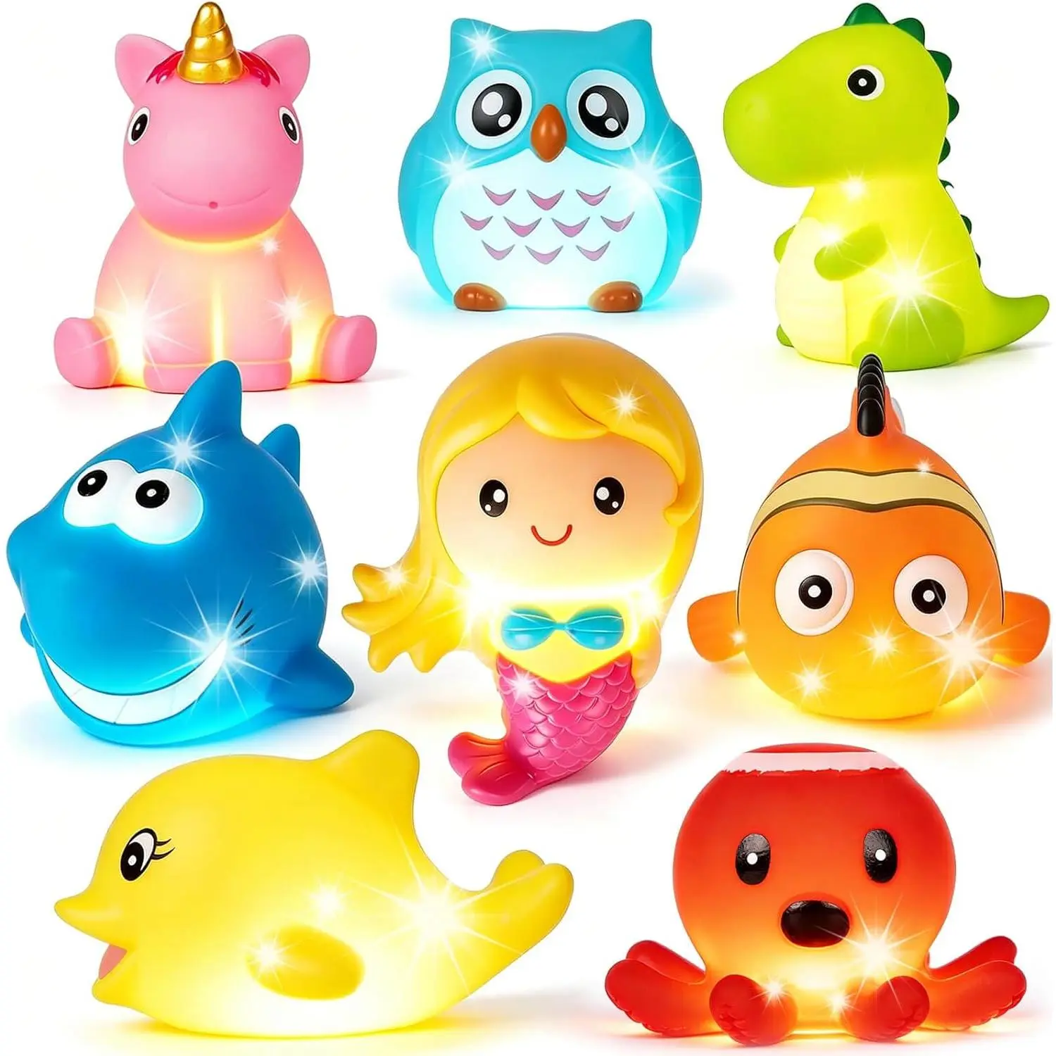 Bath Toys for Toddlers Baby 8 Pack Light Up Toys - Bathtub Toy Flashing Colourful LED Light Shower Bathtime for Kids Infants Shark, Clown Fish, Owl, Unicorn, Octopus, Dolphin, Dinosaur Mermaidfidget toys