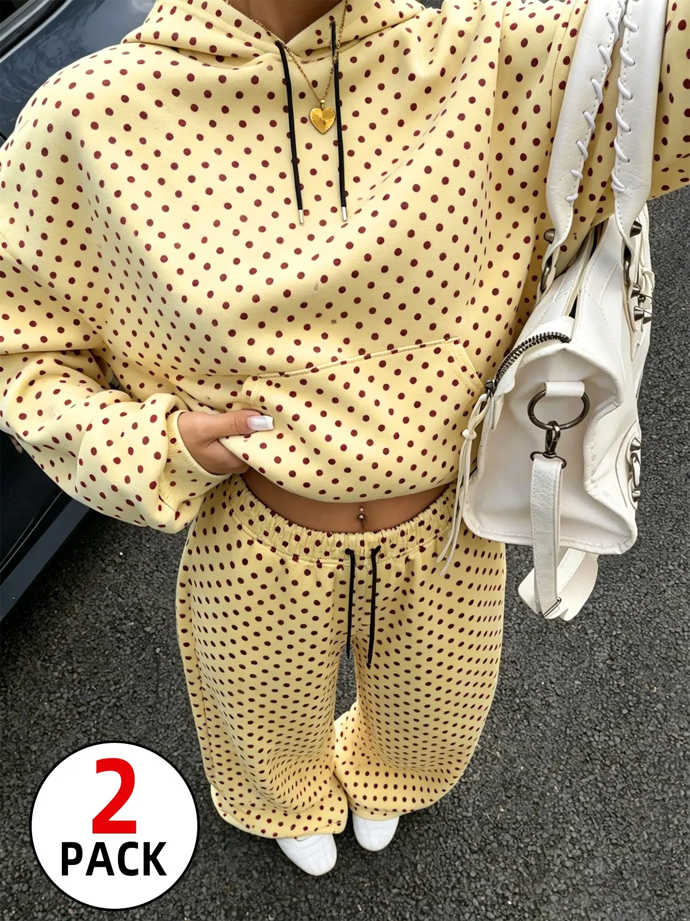 2026 TikTok Viral 2 Piece Polka Dot Tracksuit Unisex Oversized Cropped Hoodie Wide Leg Sweatpants Set with Kangaroo Pocket Drawstring Hood & Elastic Waistband, Soft Fleece Stretch Loose Casual Y2K Vintage Old Money Aesthetic Loungewear Outfit