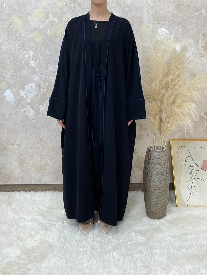 Arabic Clothing-Solid Contrast Binding Belted Abaya With Hijab Without Inner Dress, Modest Batwing Sleeve Open Front Abaya, Summer Outfits 2024, Women's Islamic Clothing for Spring & Fall, Dressy Abayas