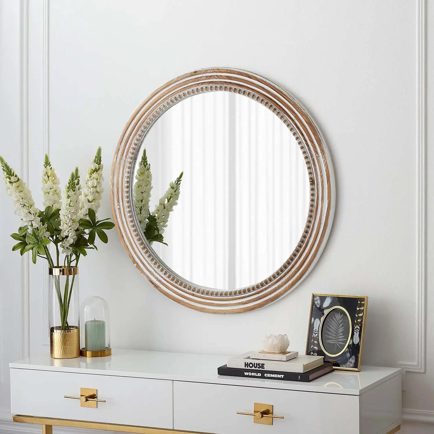 Nokaa Rustic Round Wall Mirror 31.5 Inch Wood Circle Mirror with Beads Antique White Farmhouse Decorative Mirror for Living Room Bedroom Kitchen Entryway Wall Mounted HD Glass MDF