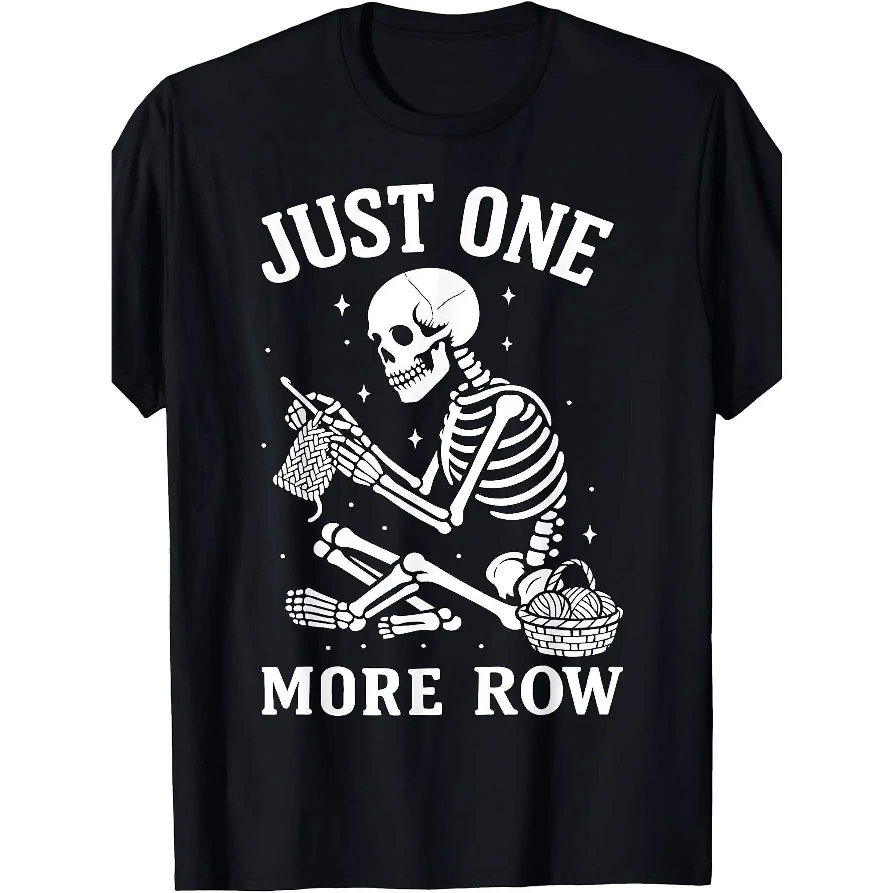 "Just Hook (Knit) One Row" - Skull Crochet Theme T-Shirt | Exclusive Tee for Crochet And Knitting Enthusiasts. Regular Fit,  Lightweight Breathable Fabric with Digital Heat Transfer Technique. Round Neck Design, Fabric with Moderate Elasticity