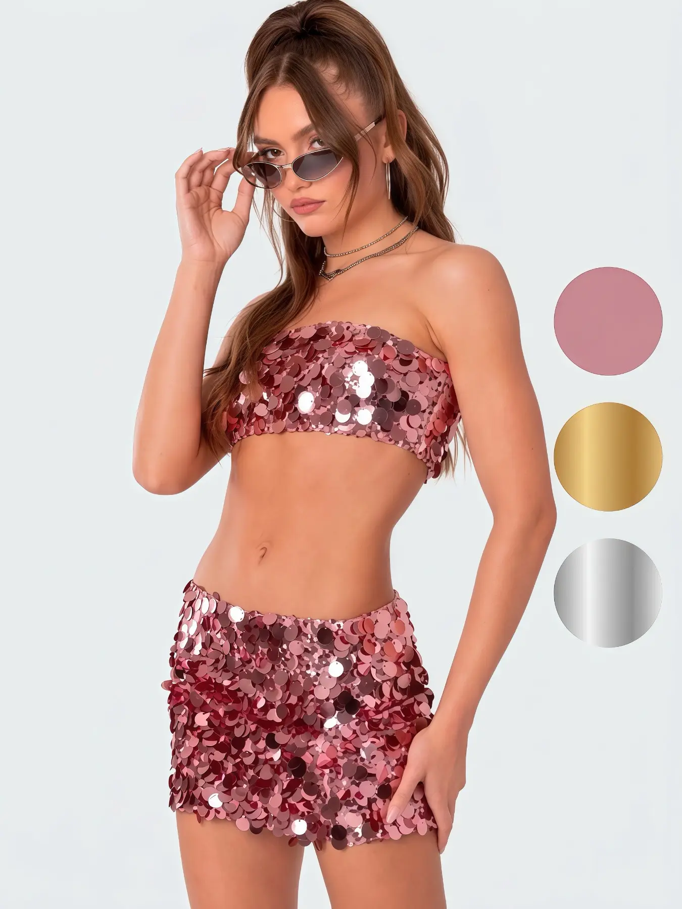 Sparkly Oversized Sequin 2 Piece Skirt Set – Strapless Tube Top & Bodycon Mini Skirt for Party, Night Out, Club & Festival