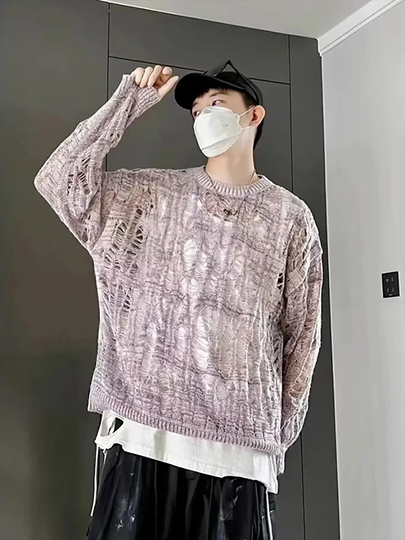 Vintage Ripped Hollow Out Mesh Knit Sweater Men Menswear Autumn Streetwear Fashion Crew Neck Long Sleeve Knitted T Shirt Men’s Clothing Knitwear Casual