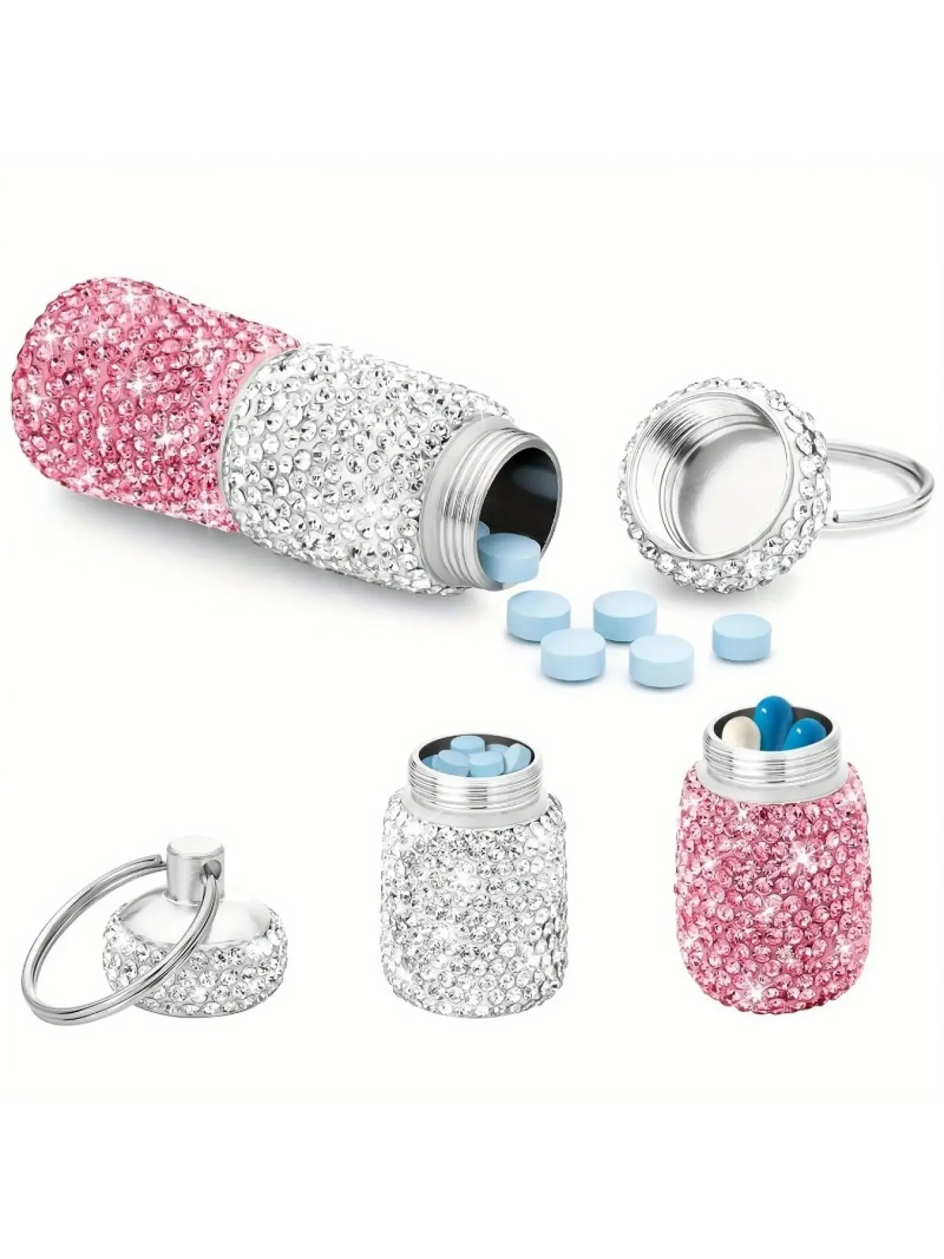 Full rhinestone portable pillbox keychain, waterproof stainless steel, luxury travel pill bottle, Stainless Steel Keyring