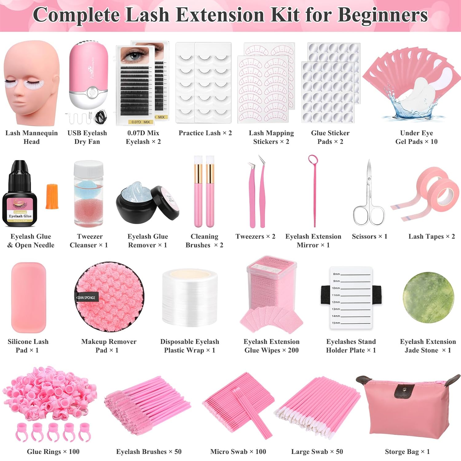 SUNDAY MIRTH Lashes Kit for Eyelash Extension Beginner Lash Tech Starter Kit with Eye Lash Mannequin , Professional Eyelash Extension Kit with Lash Fan, Extension Glue and Eyelash Remover for Practice