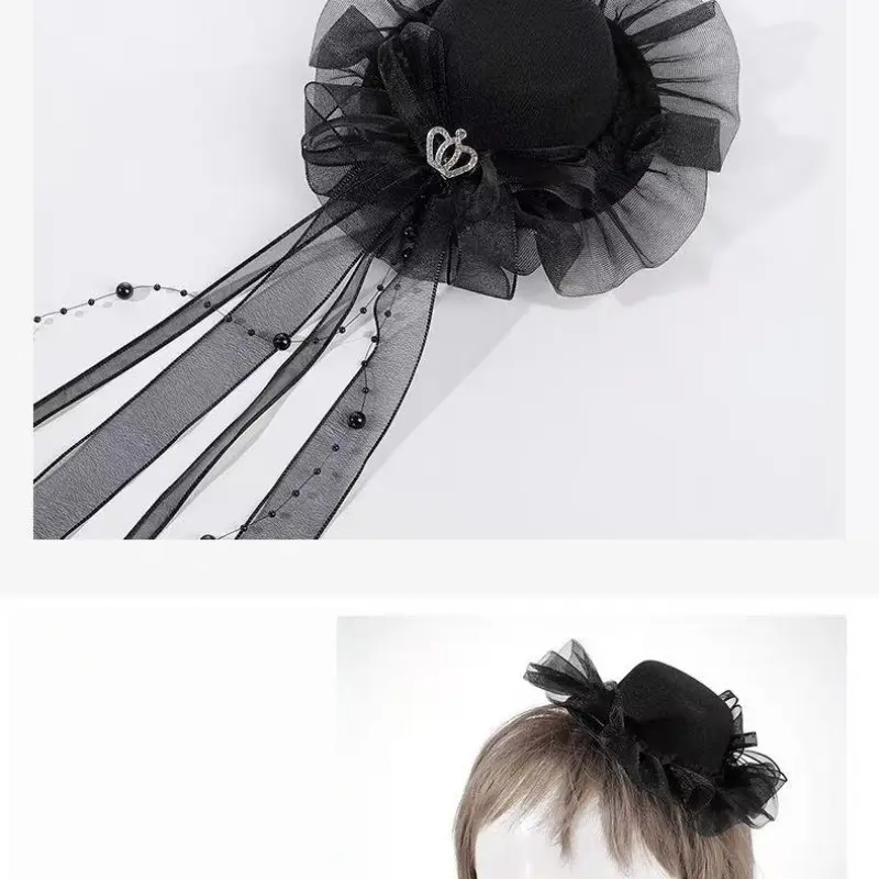 Halloween Wedding Lolita Tea Party Cosplay Headwear, Mini Top Hat Hair Clip, Gothic Lace Fascinator with Long Ribbon Bow