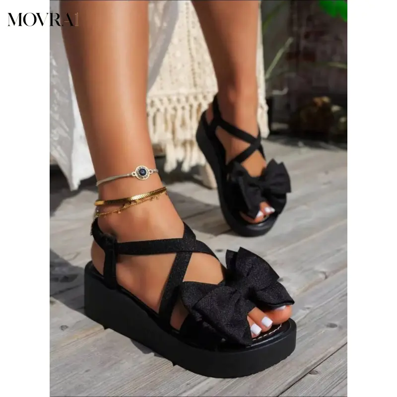MOVRA1 Women's Thick Sole Bow Decorative Bohemian Trendy Sandals, Comfortable Anklet Design,-On Style, Beach Vacation Casual Footwear