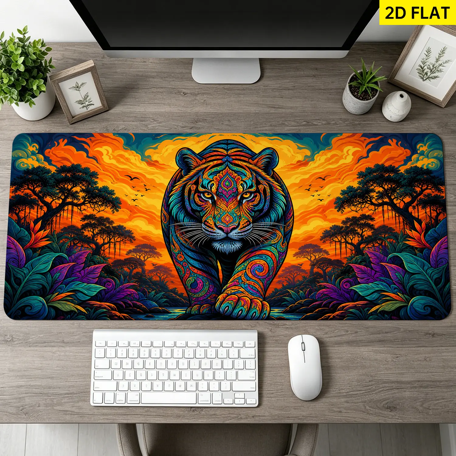 Extra Large psychedelic tiger in jungle Mouse Pad, Non Slip Rubber Pad, Desktop Decoration Drotection Pad, Washable, Lock Edge Multi Size, Premium Multipurpose Mousepad For Home, Office, Gift for Family and Friends