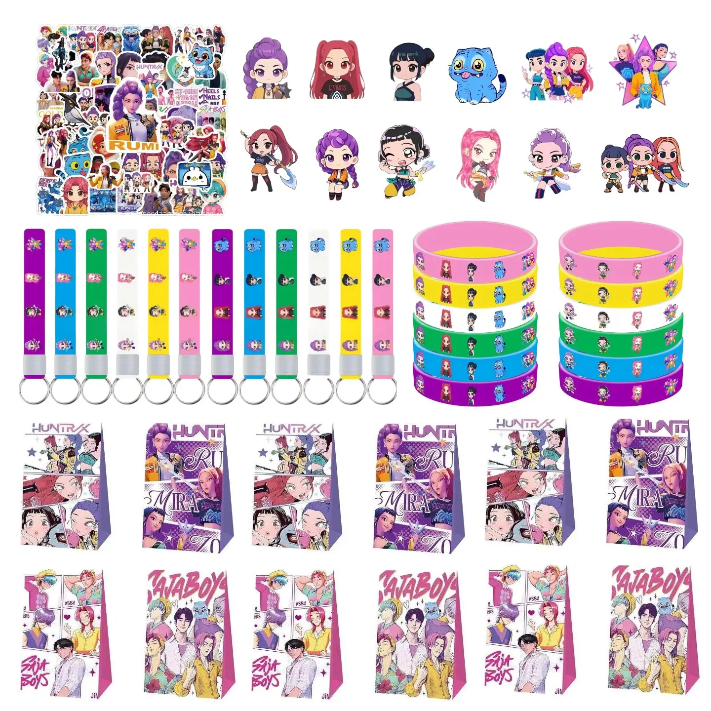 5 Korean cartoon girl group party gift sets, perfect as party favors, including 12 keychains, 12 bracelets, 12 gift bags, 50 fridge stickers, and 12 badges. Everyone gets their own special gift, the best choice for a party.