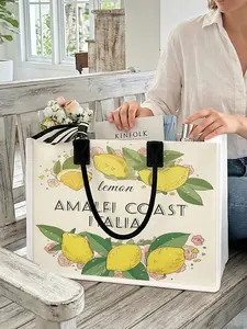 Large Capacity Lemon Print Tote Bag, Extra Large Storage Bag, Durable Handles, Space-Saving Multi-Purpose, Ideal for School, Travel, Shopping