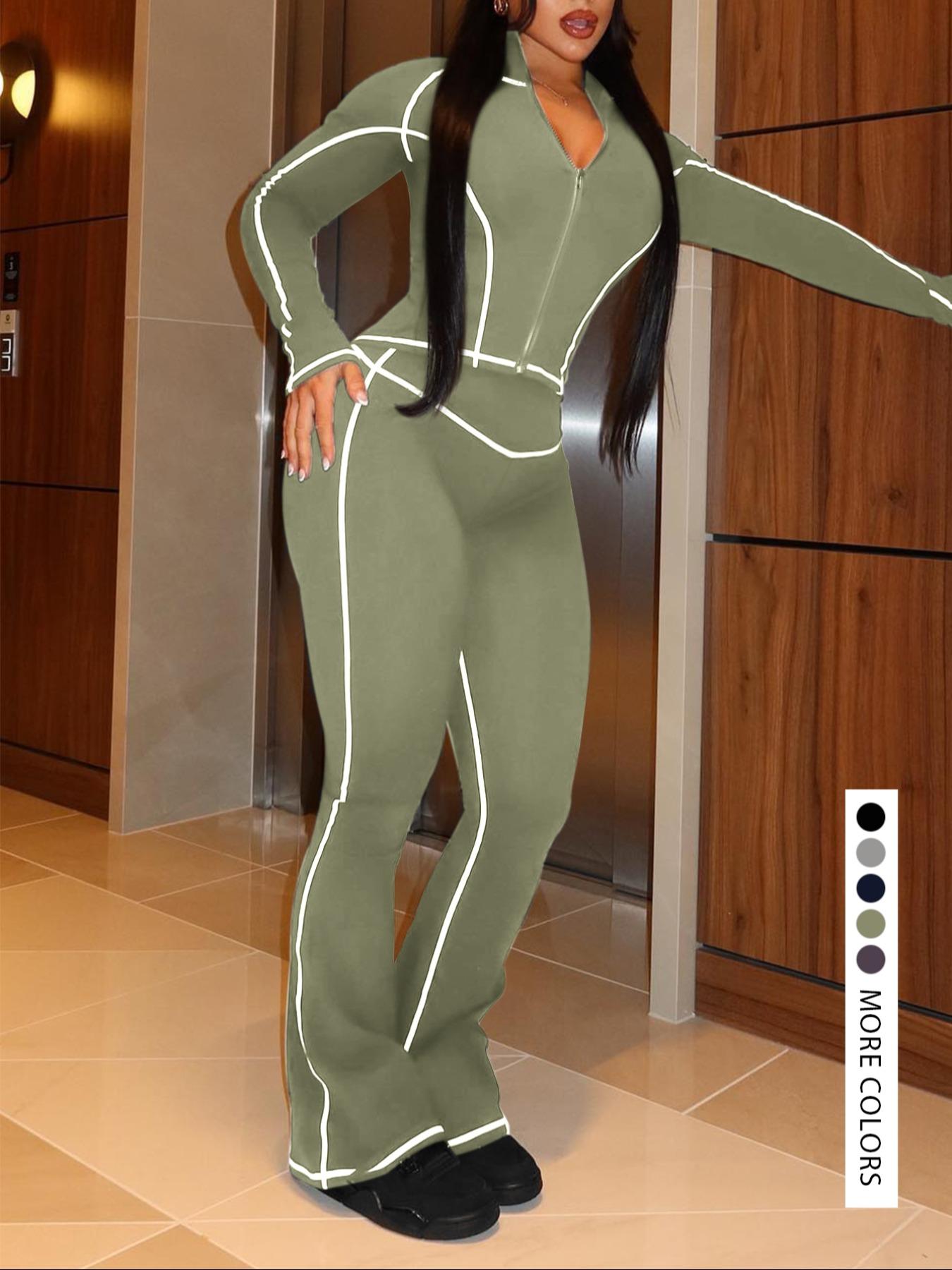 【LovelyWholesale】2026 FIFA World Cup Campaign Two-piece Set Women's Striped Zip Up Jacket & Pants, Street Fashion Streetwear Long Sleeve Outerwear & High Waist Trousers for Daily Wear, Ladies Spring  Clothes, Womenswear Perfect for All Seasons