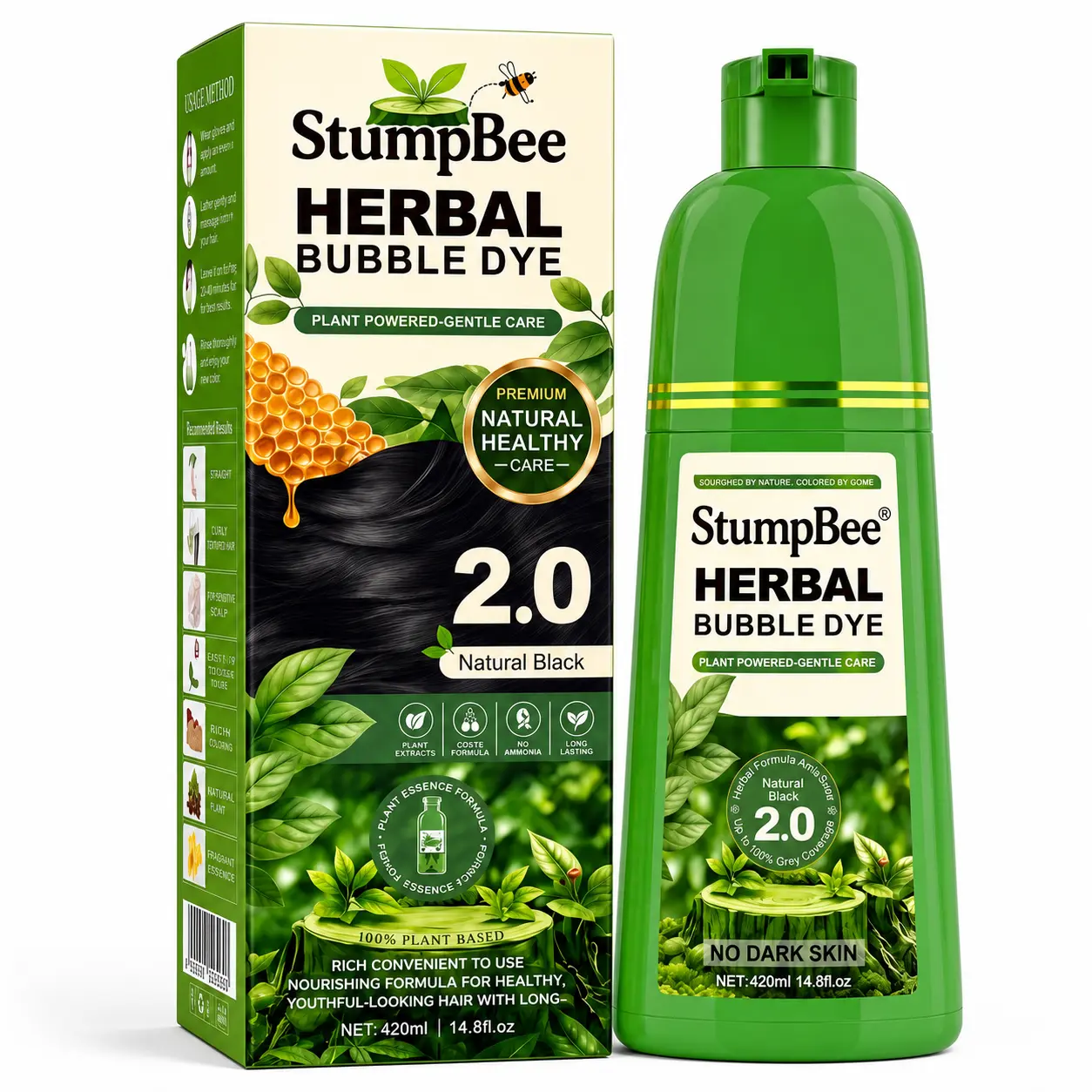 StumpBee 3 in 1 Hair Dye Shampoo - Can cover gray hairs,Herbal Ingredients,Contains Ginseng Extract,Natural Haircoloring, black hairdye,Ammonia-Free, Long lasting,Haircare