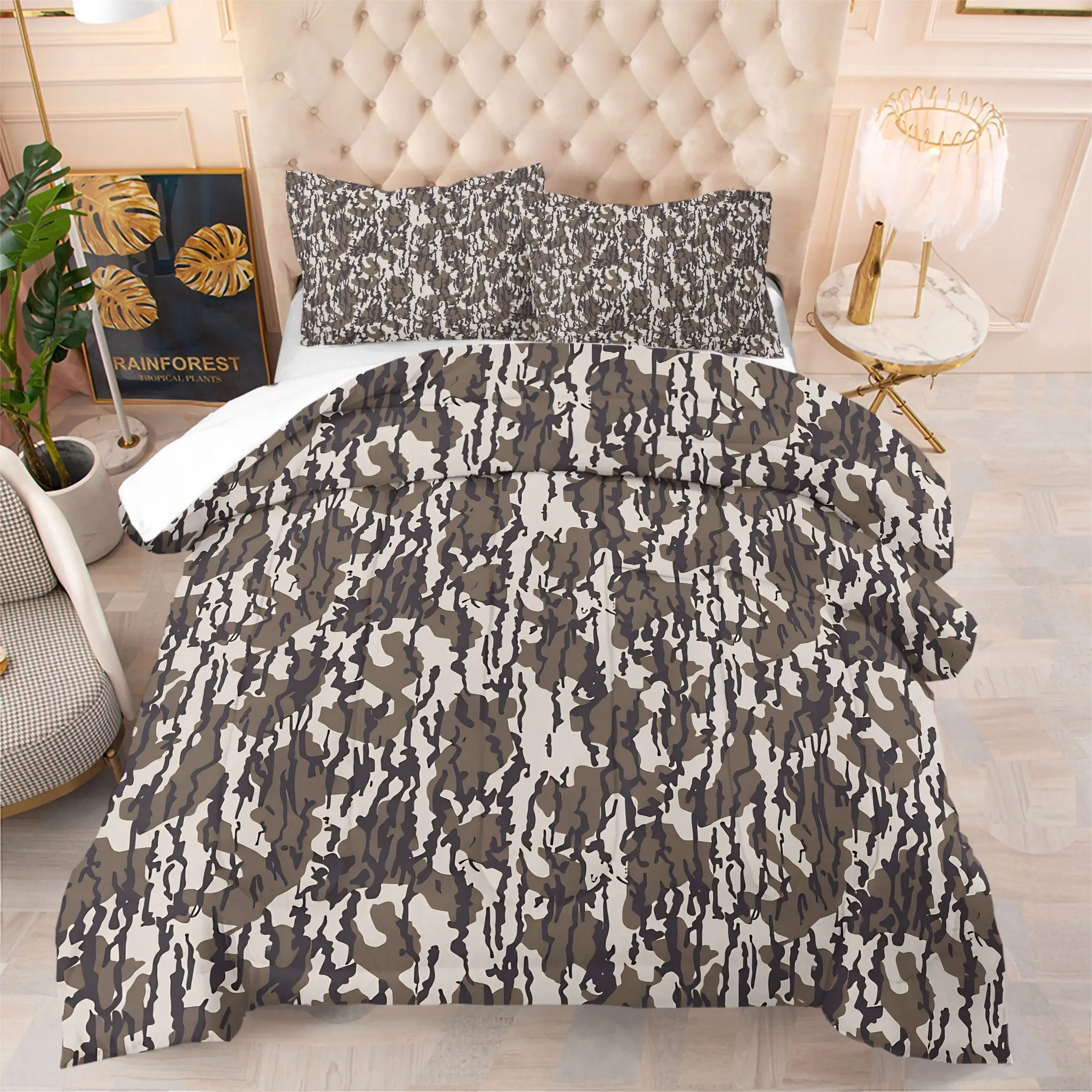 2/3Pcs Tree Bark Camo Bedding Set, Vintage Hunting Camouflage Comforter Set, Rustic Cabin Quilt Bedspread for Bedroom Decor, Soft Microfiber Bedding Set with Pillowcase No Pillow Core