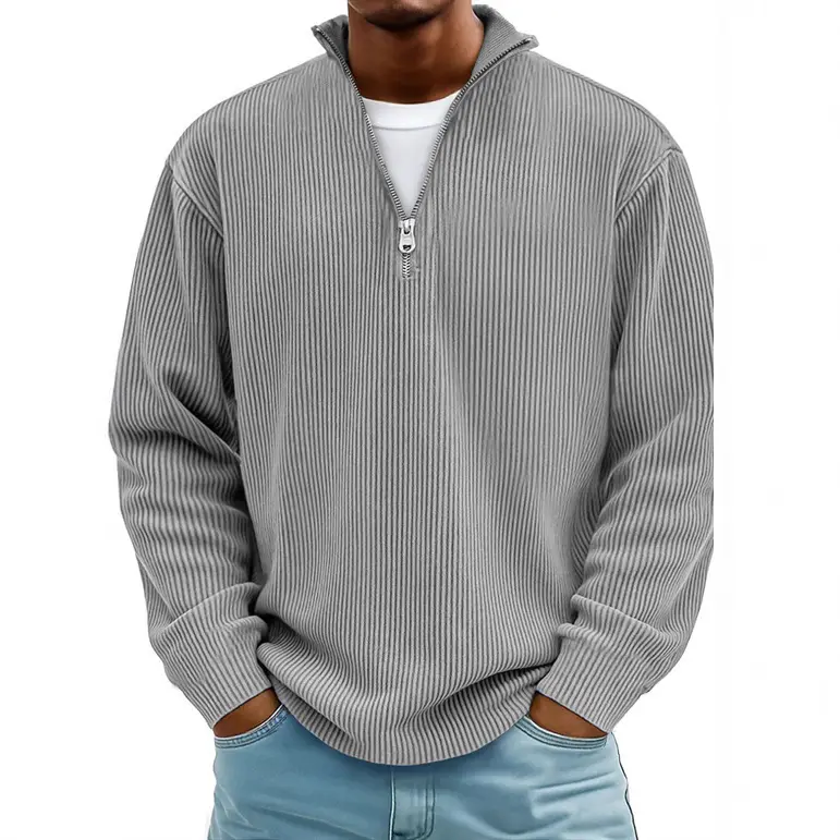 Chic Autumn Men's Clothing Soft Corduroy Stand Collar Polo Shirt Versatile Casual Top Zip Pullover Long Sleeve Regular Relaxed Cut Stretchy Ribbed Cuffs Cozy Handfeel Anti Shrunk Fabric Suitable Striped Classic