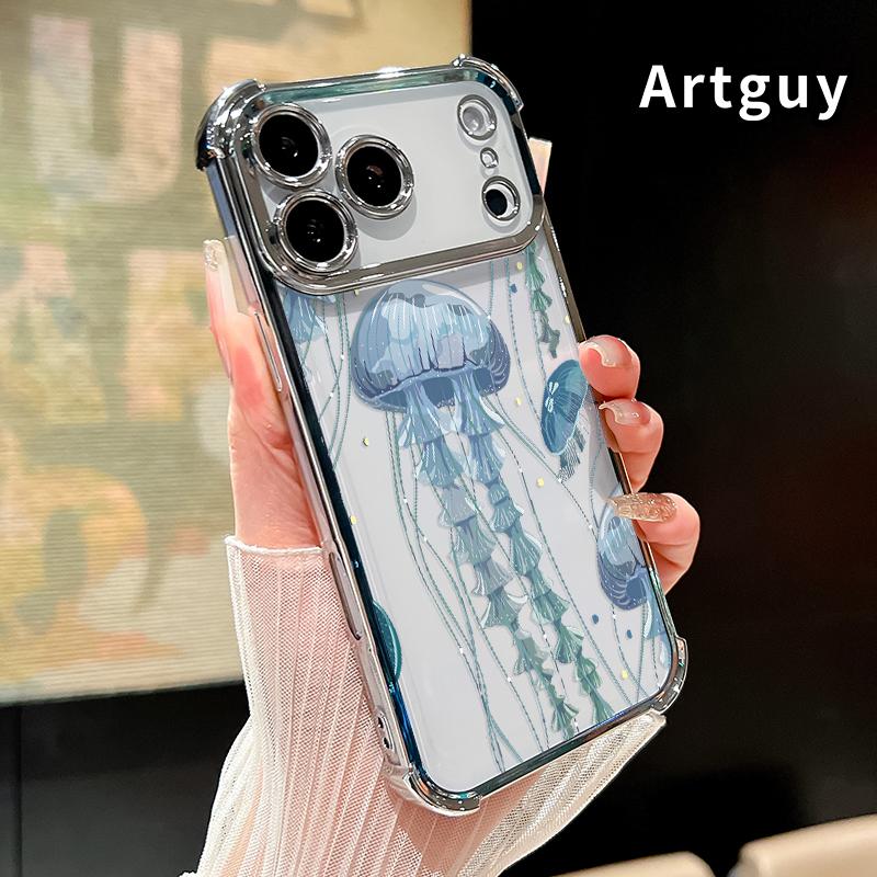 Deep Sea Jellyfish Pattern Phone Case for iPhone 17 Pro Max 16 15 Plus Air 14 13 12 11 E Electroplated Four-Corner Anti-Fall Protection Cellphone Cover