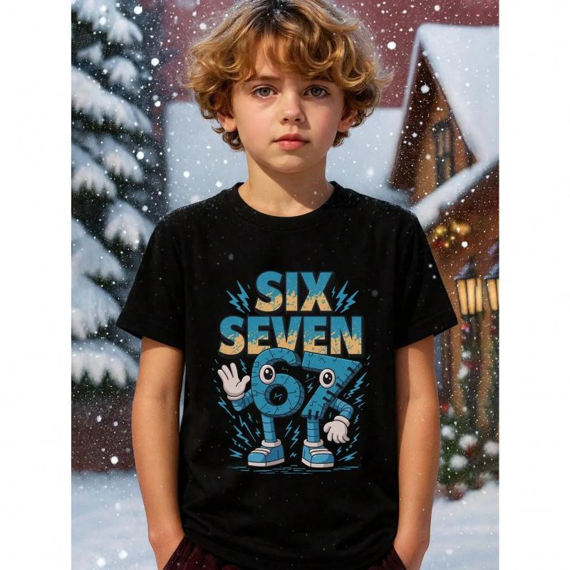 Little boy 67 emoji gesture robot number character mecha blue lightning fun 100% Polyester Fiber pattern T-shirt, 67 Thanksgiving and Christmas boys' fall clothing, machine washable, toddler cartoon T-shirt, teen boy clothing gift