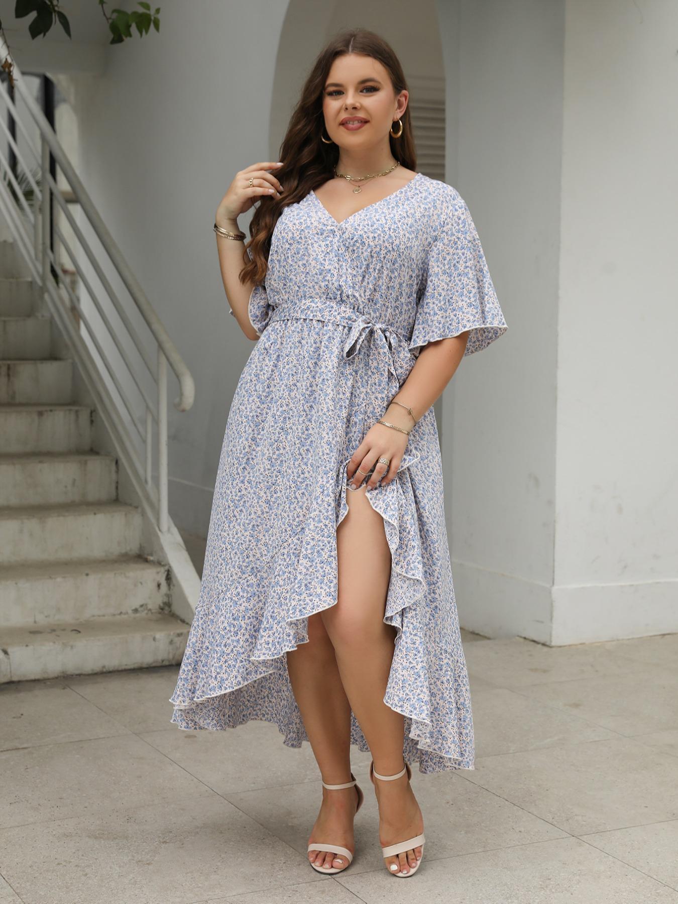 Plus Size Floral Print Ruffle Hem Belted Wrap A Line Dress, Boho Butterfly Sleeve V Neck High Low Midi Dress, Women Casual Clothing for Spring & Fall