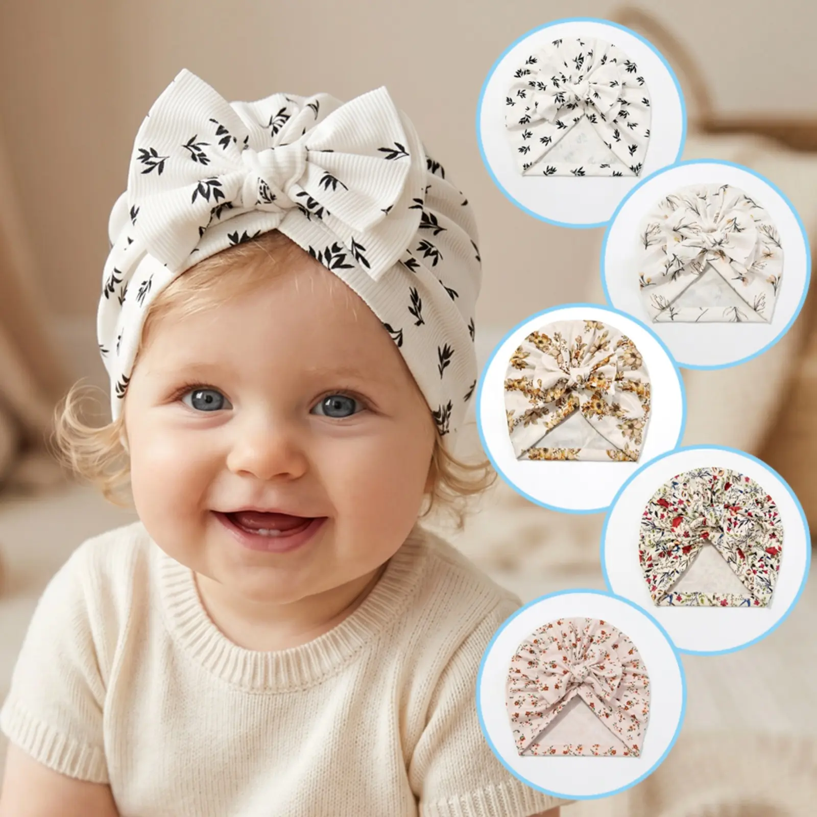 Soft Ribbed Turban Head Wrap with Bow Detail - Unisex Floral Print Design with Stretch Ruches for All Seasons