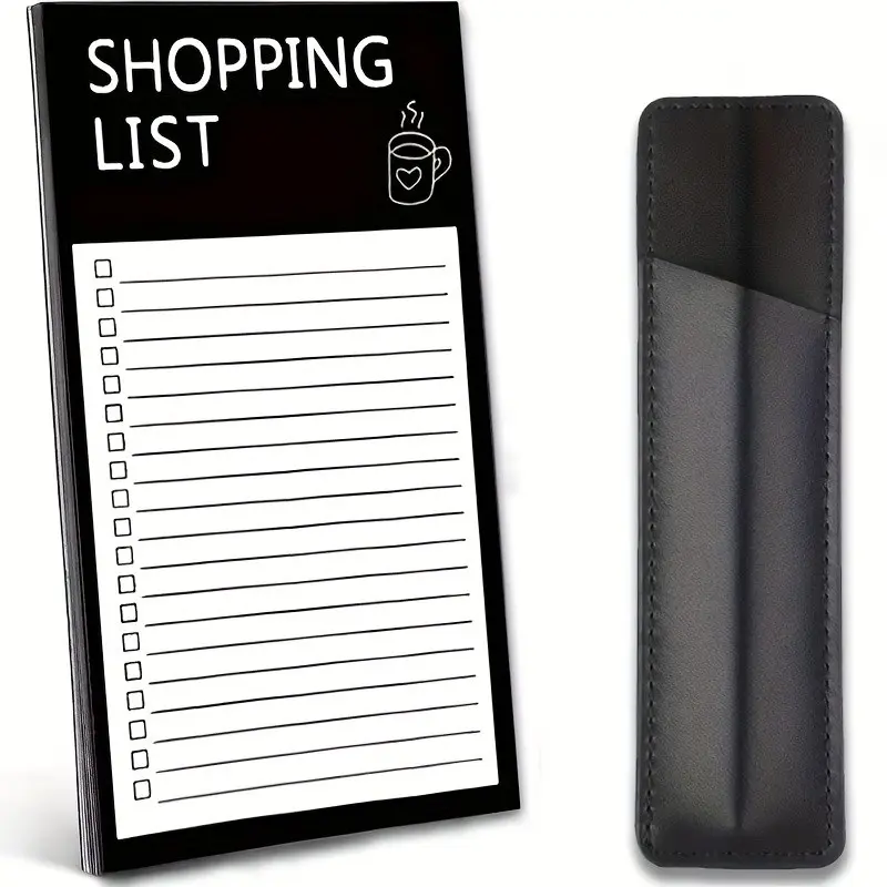 Magnetic Shopping List Book with Premium Leather Pen Holder, Durable Refrigerator Organizer for Grocery Reminders, Meal Planning, and Errands