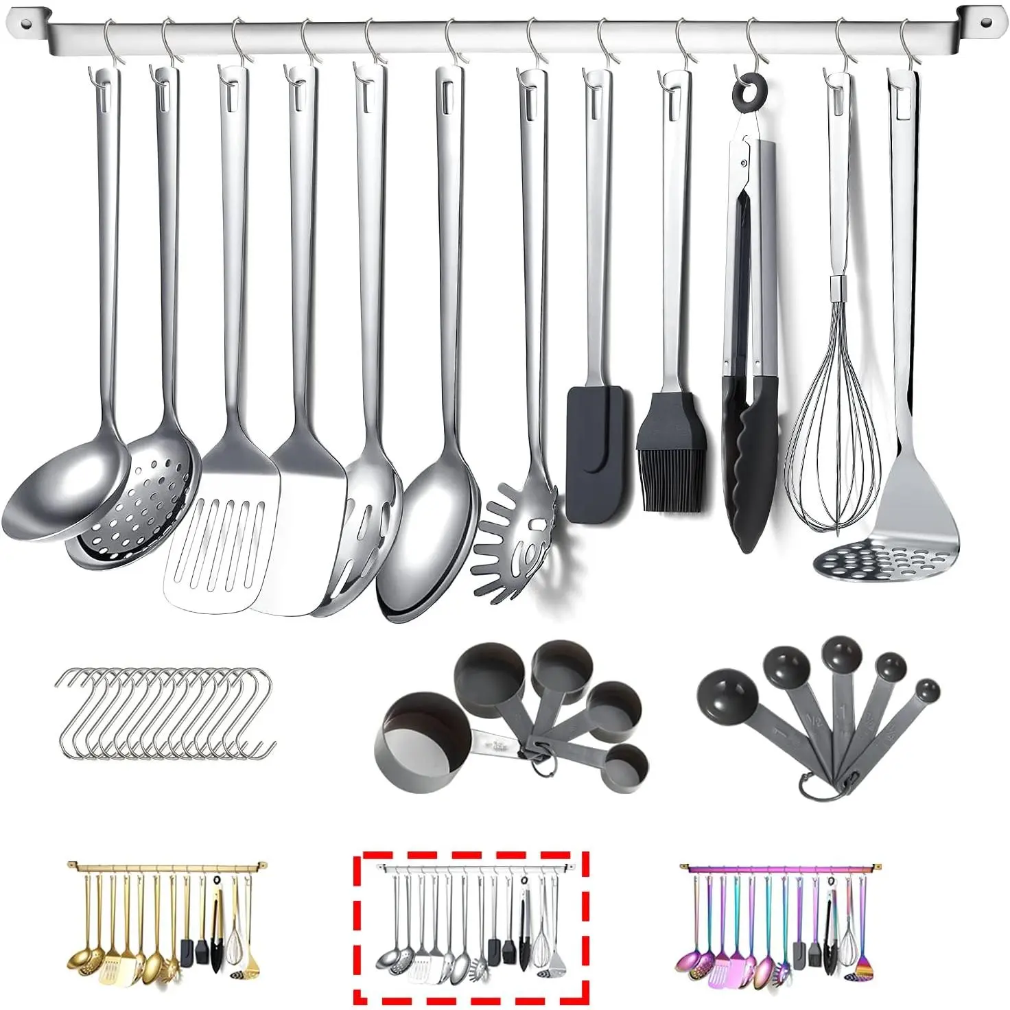 Stainless Steel Cooking Utensils Set, 37 count Kitchen Utensils Set, Kitchen Tool Gadgets Set with Utensil Holder Non-Stick and Heat Resistant Dishwasher Safe